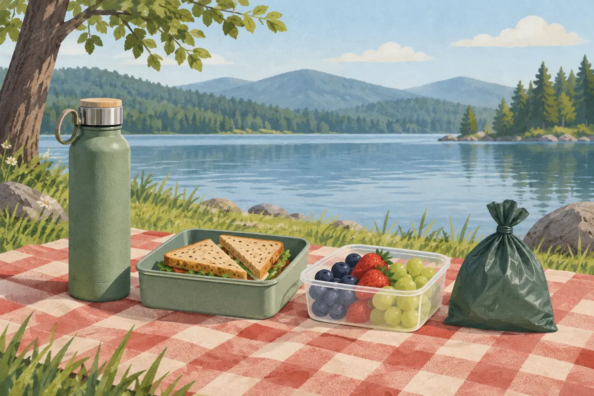 Wielorazowe pojemniki z prowiantem i torba na odpady przygotowane na piknik nad jeziorem.