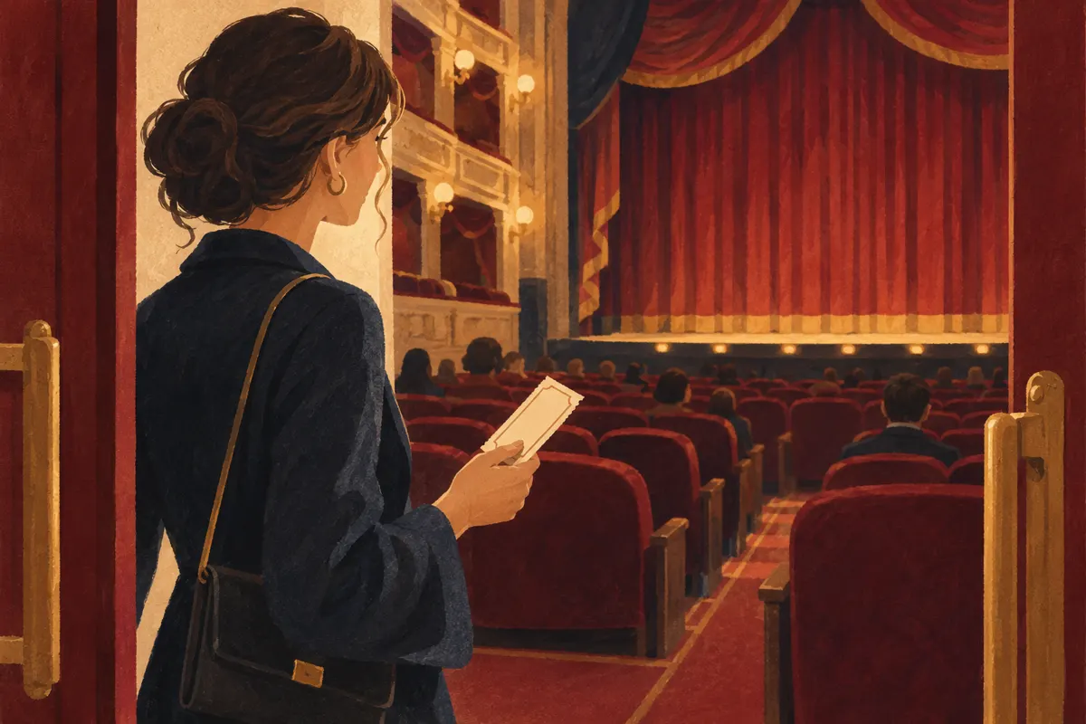 Ilustracja osoby z biletem przy wejściu na widownię teatralną