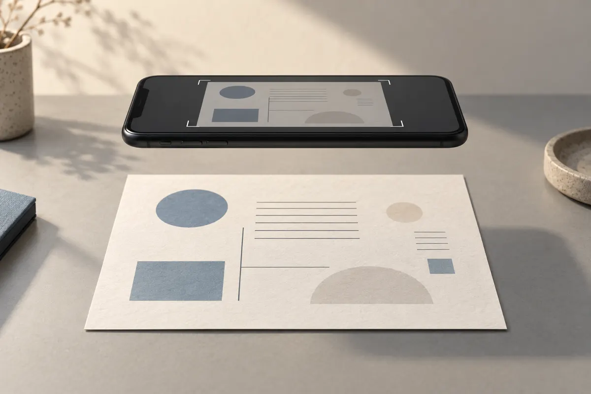 Ilustracja telefonu ustawionego nad kartką podczas skanowania dokumentu