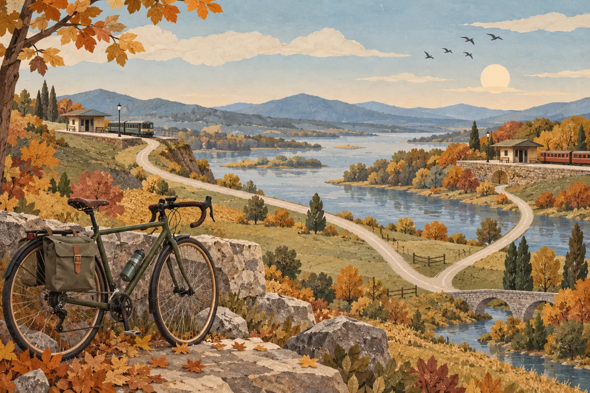 Ilustracja roweru i drogi łączącej dwie umowne stacje kolejowe, z krótszym odgałęzieniem trasy.